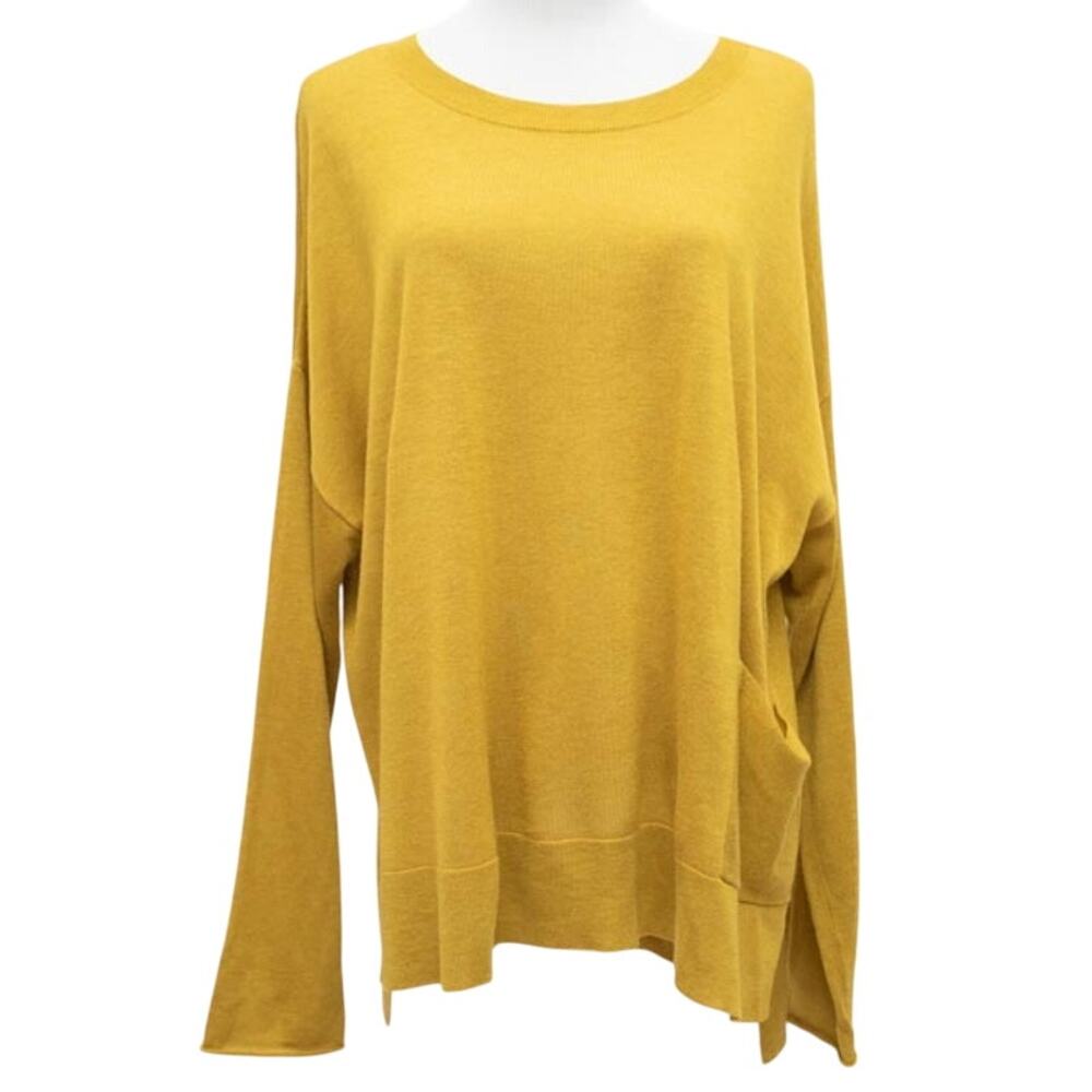Eileen Fisher Gold Wool Blend Crew Neck Sweater With Pocket Size Medium